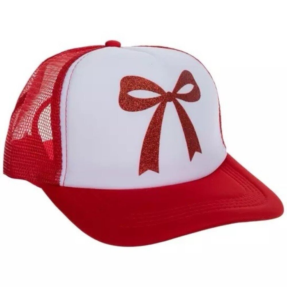 Glitter Bow Adjustable Snapback Trucker Hat Red One Size Mesh Back, New